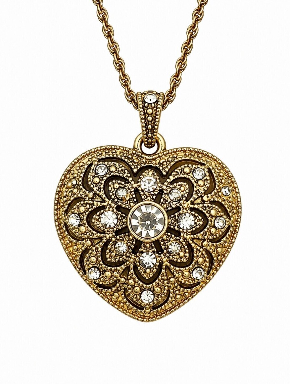 VTG AVON Goldtone Rhinestone Floral Heart Pendant Chain Necklace